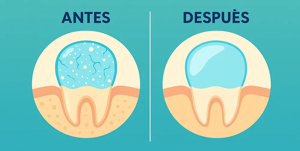Comparación visual de antes y después del blanqueamiento dental gradual con tecnología segura; se muestra una mujer joven con dientes visiblemente más blancos y saludables en el "después", manteniendo un aspecto natural y realista.